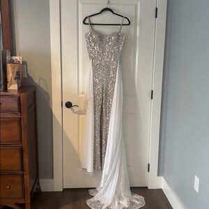 51163 Mira Spaghetti Straps Sequin Jumpsuit with added skirt bride prom pageant